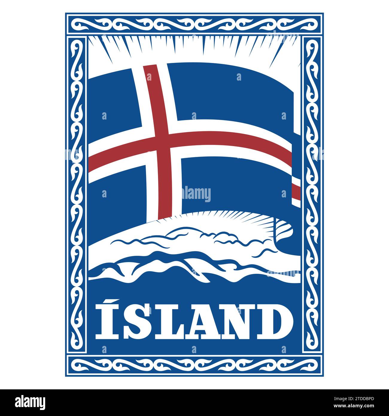 Design in stile vichingo. Bandiera islandese d'epoca incorniciata in un antico modello celtico scandinavo e con l'iscrizione Islanda Illustrazione Vettoriale