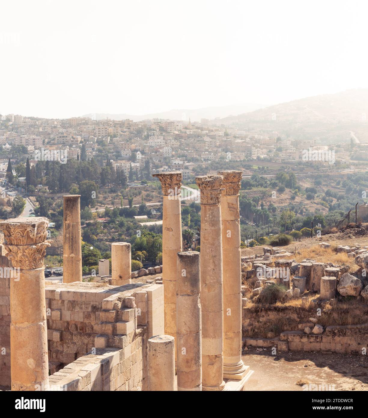 Antiche rovine romane di Jerash, con il paesaggio urbano alle spalle Foto Stock