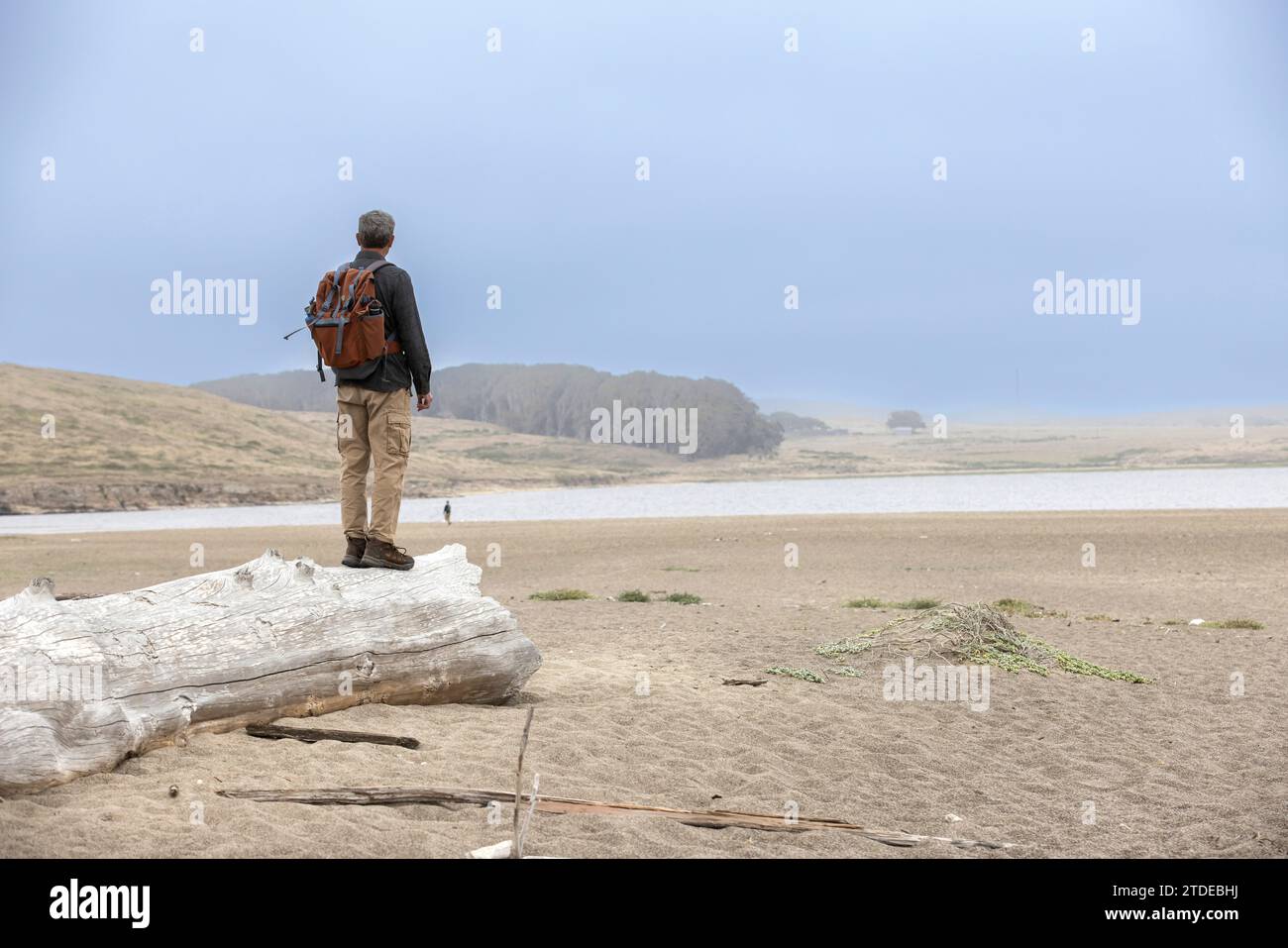 Un uomo anziano in piedi su log in Point Reyes National Seashore Foto Stock