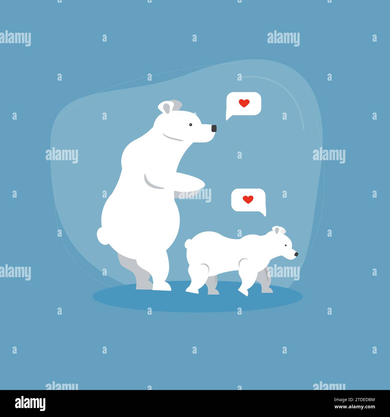 Simpatico orso polare madre con cucciolo di vitello bambino e cuore nella bolla del messaggio su sfondo blu. Ideale per la festa della mamma o per l'asilo dei bambini Illustrazione Vettoriale