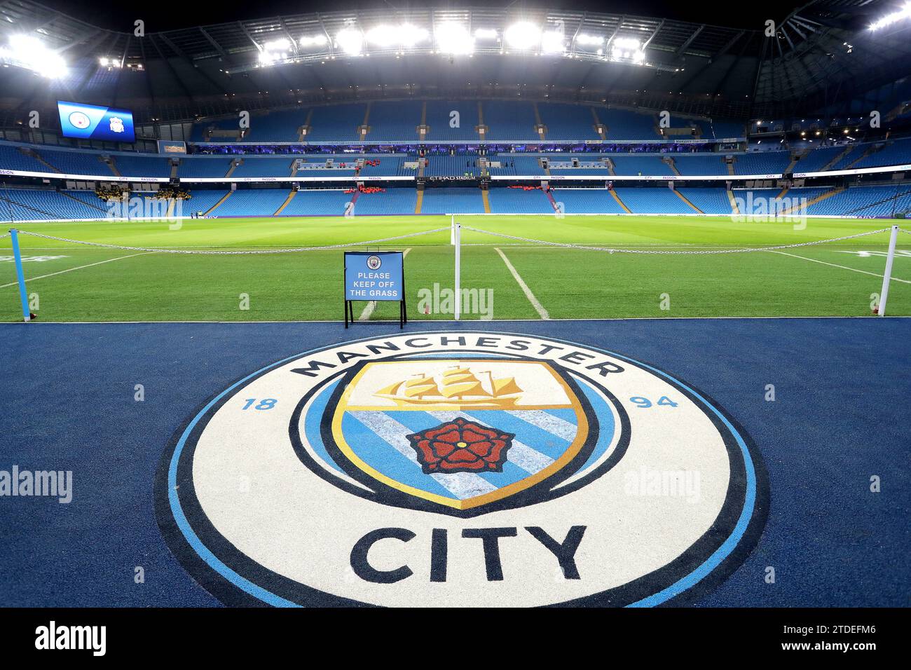 Foto del file datata 03-01-2019 di Una vista generale del logo di Manchester City. I detentori del Manchester City affronteranno il FC Copenhagen negli ultimi 16 della Champions League. Data di emissione: Lunedì 18 dicembre 2023. Foto Stock