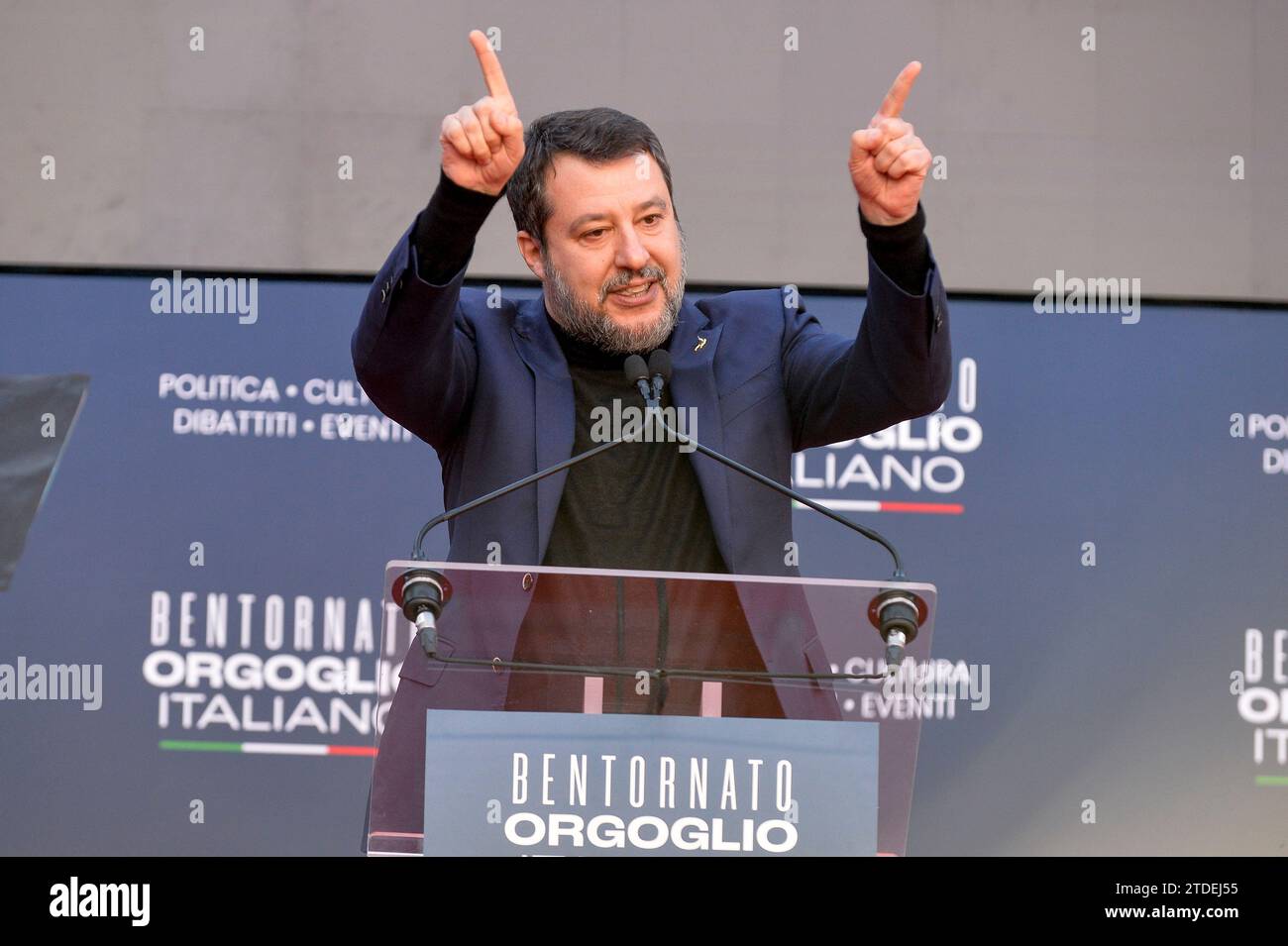 Italia, Roma, 17 dicembre 2023: Matteo Salvini, Ministro dei trasporti e delle infrastrutture, partecipa all'incontro "Atreju 2023". Foto © Stefano Carofei/sintesi/Alamy Live News Foto Stock