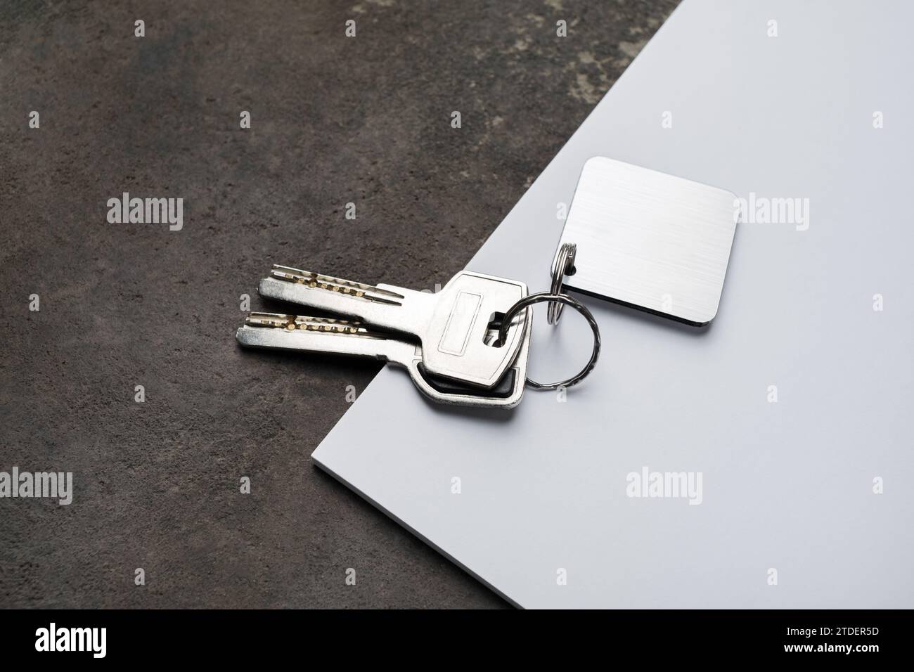 Chiavi con portachiavi in metallo grezzo. Concetto di agenzia immobiliare. Foto Stock