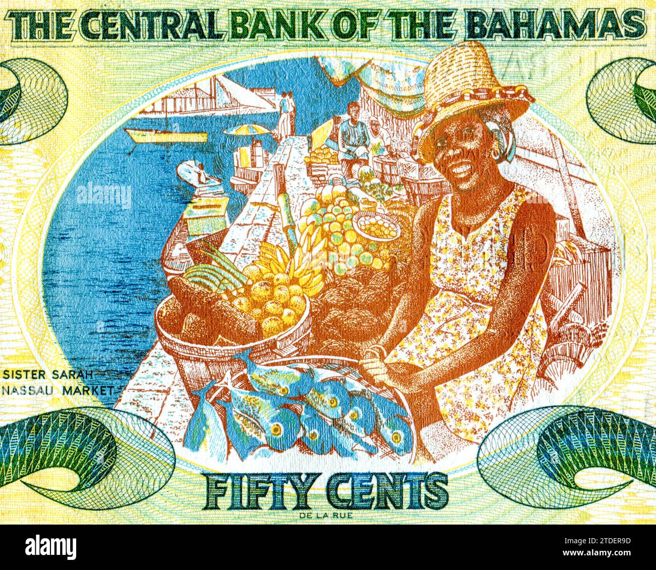 Frammento di banconota delle Bahamas da 50 centesimi (2001). Sorella Sarah al mercato di Nassau. Soldi delle Bahamas Foto Stock