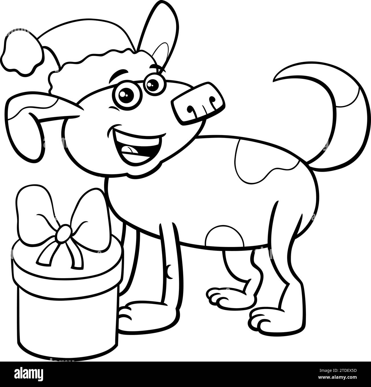 Illustrazione a cartoni animati di un simpatico personaggio di cane con pagina da colorare regalo di Natale Illustrazione Vettoriale
