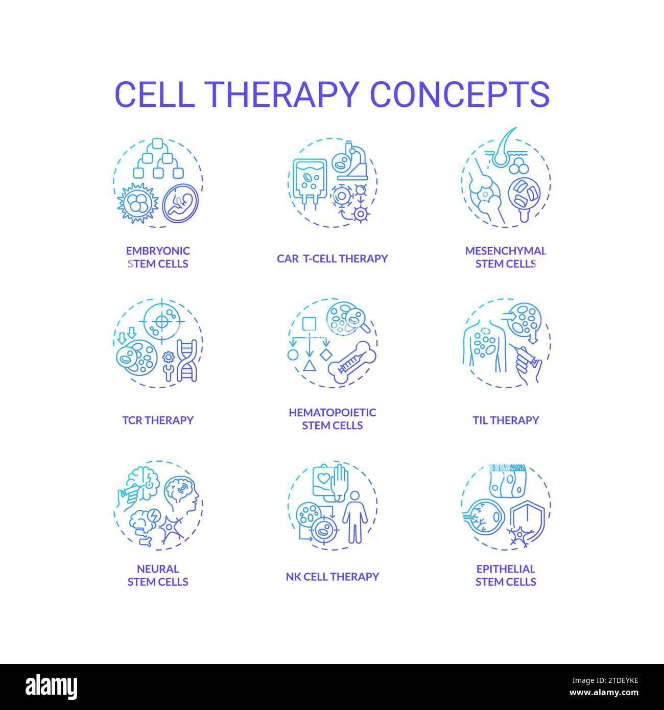 Set di icone creative con gradiente a linea sottile che rappresenta la terapia cellulare Illustrazione Vettoriale