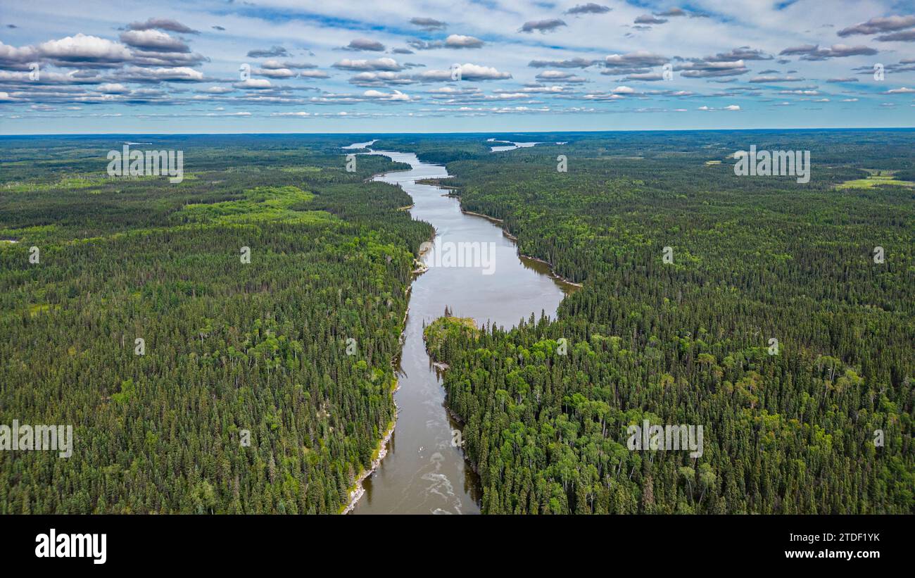 Aereo del fiume Pisew, Pisew Falls Provincial Park, Thompson, Manitoba, Canada, Nord America Foto Stock