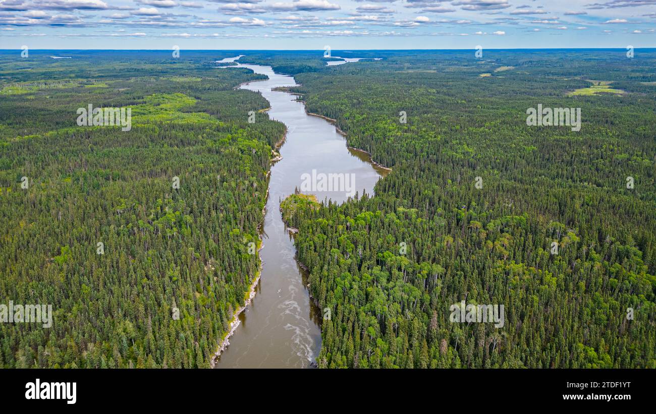 Aereo del fiume Pisew, Pisew Falls Provincial Park, Thompson, Manitoba, Canada, Nord America Foto Stock