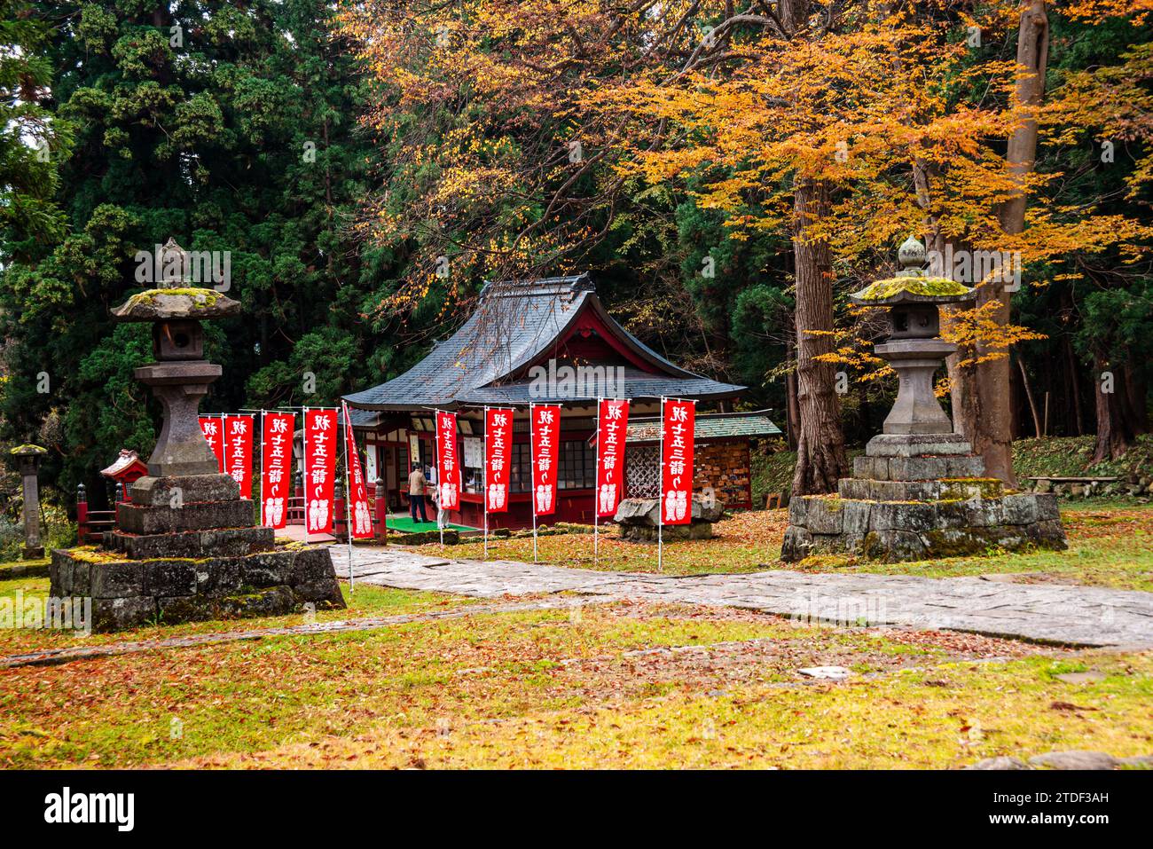 Vista di un tempio giapponese, lanterne di pietra in una foresta autunnale, il santuario del Monte Iwaki, vicino a Hirosaki, North Honshu, Giappone, Asia Foto Stock
