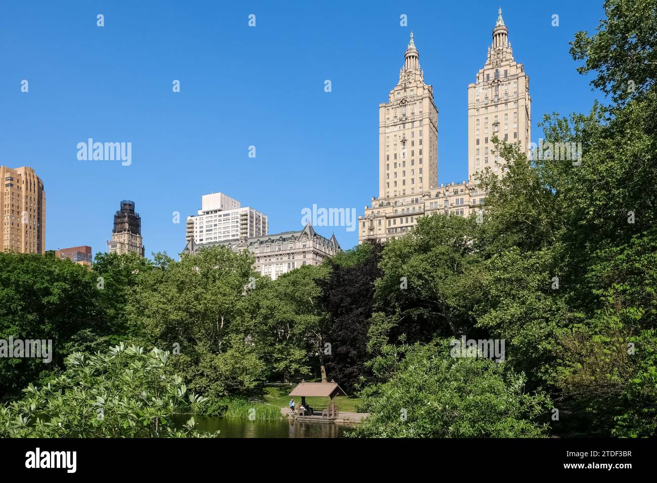 New York City vista dal lago, il più grande specchio d'acqua di Central Park dopo il lago artificiale, Central Park, Manhattan, New York City Foto Stock