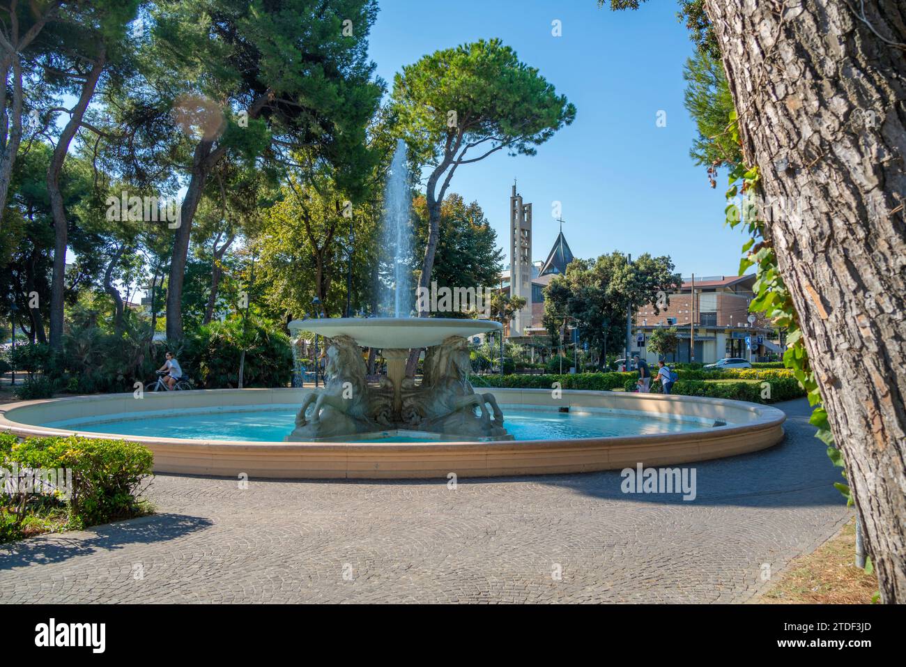 Vista della fontana del Parco Federico Fellini spiaggia di Rimini, Rimini, Emilia-Romagna, Italia, Europa Foto Stock