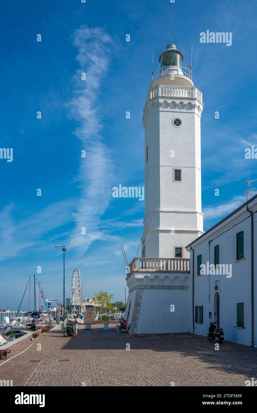 Vista del faro di Rimini, Rimini, Emilia-Romagna, Italia, Europa Foto Stock