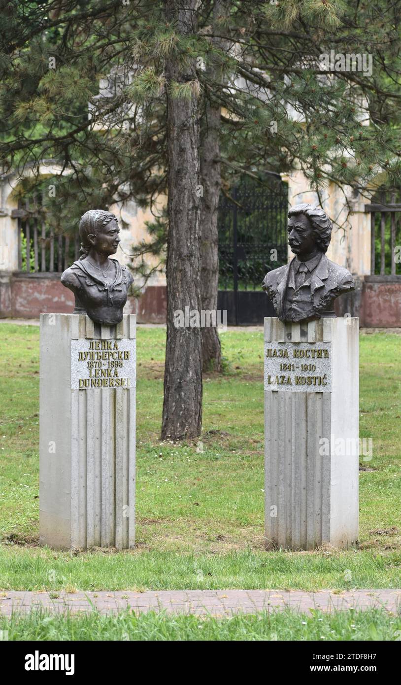Statua Lenke Dunđerski i laze Kostića u Kulpinu, Srbija Foto Stock