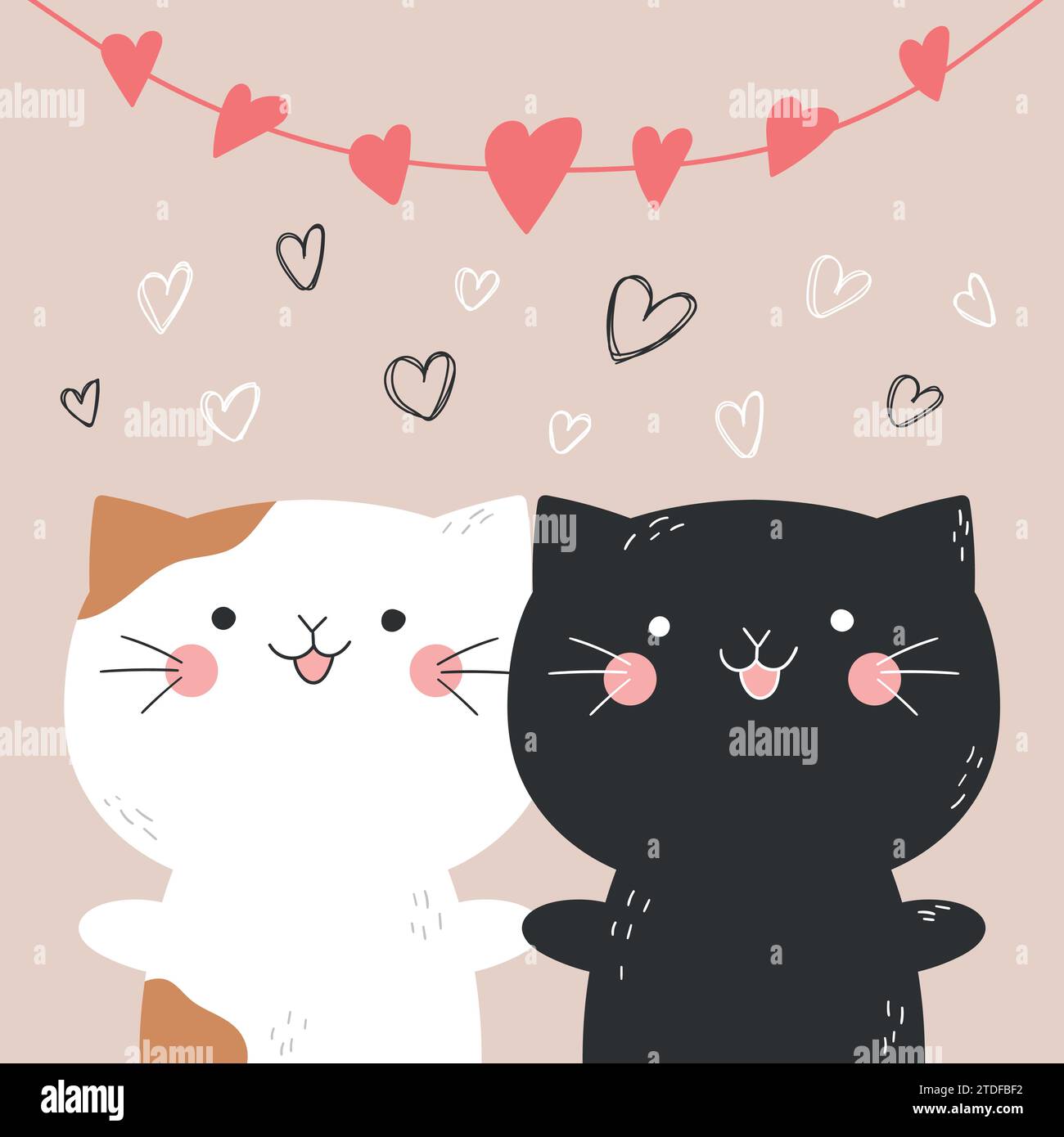 Due simpatici gatti disegnati a mano che si tengono le zampe sotto la ghirlanda di cuori. San Valentino. Illustrazione vettoriale Illustrazione Vettoriale