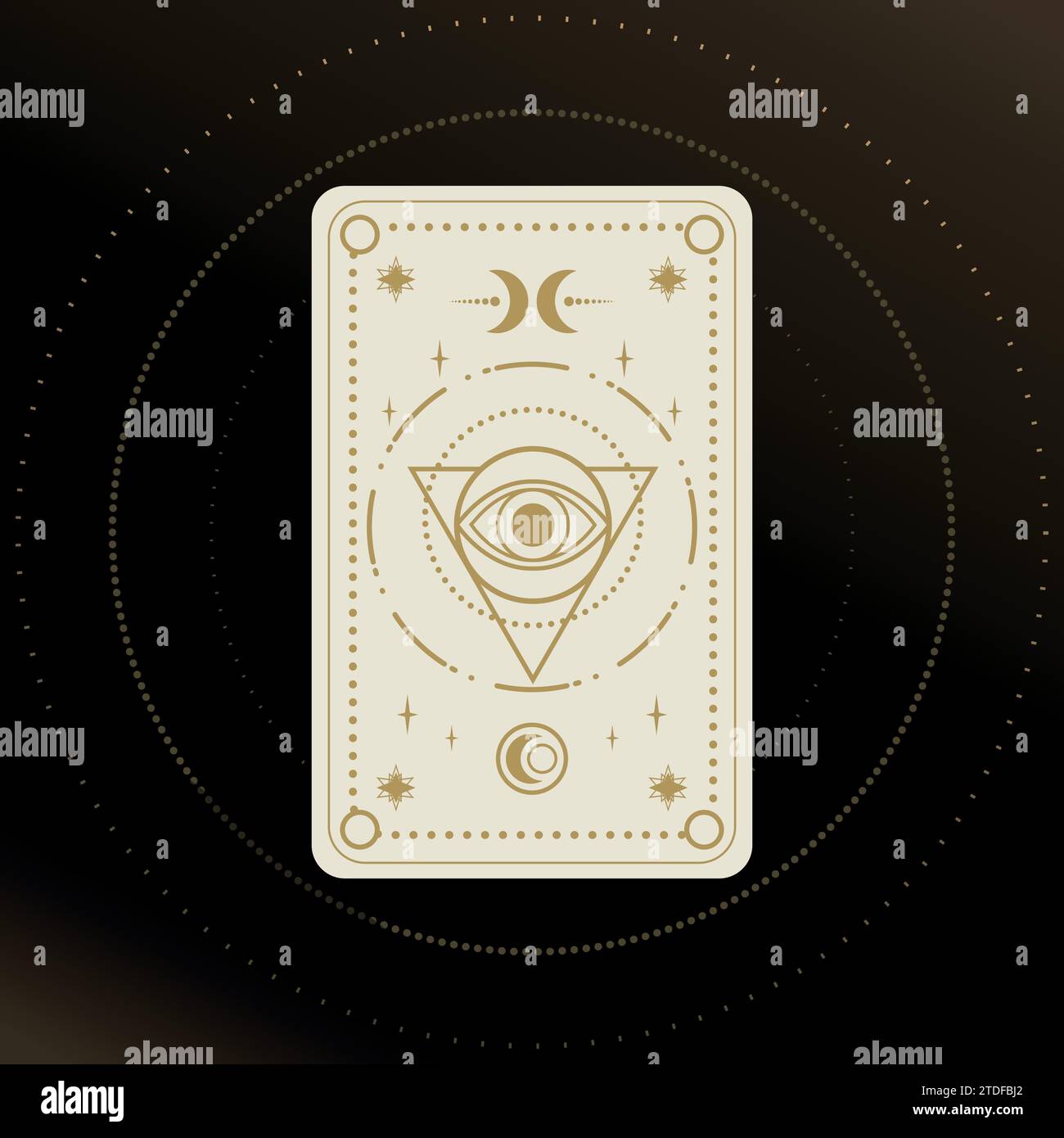Carta Tarocchi oro e bianco con occhio magico e mezzaluna decorata con forme geometriche. Simbolismo dei Tarocchi. Mistero, astrologia, esoterico. Illus vettoriale Illustrazione Vettoriale