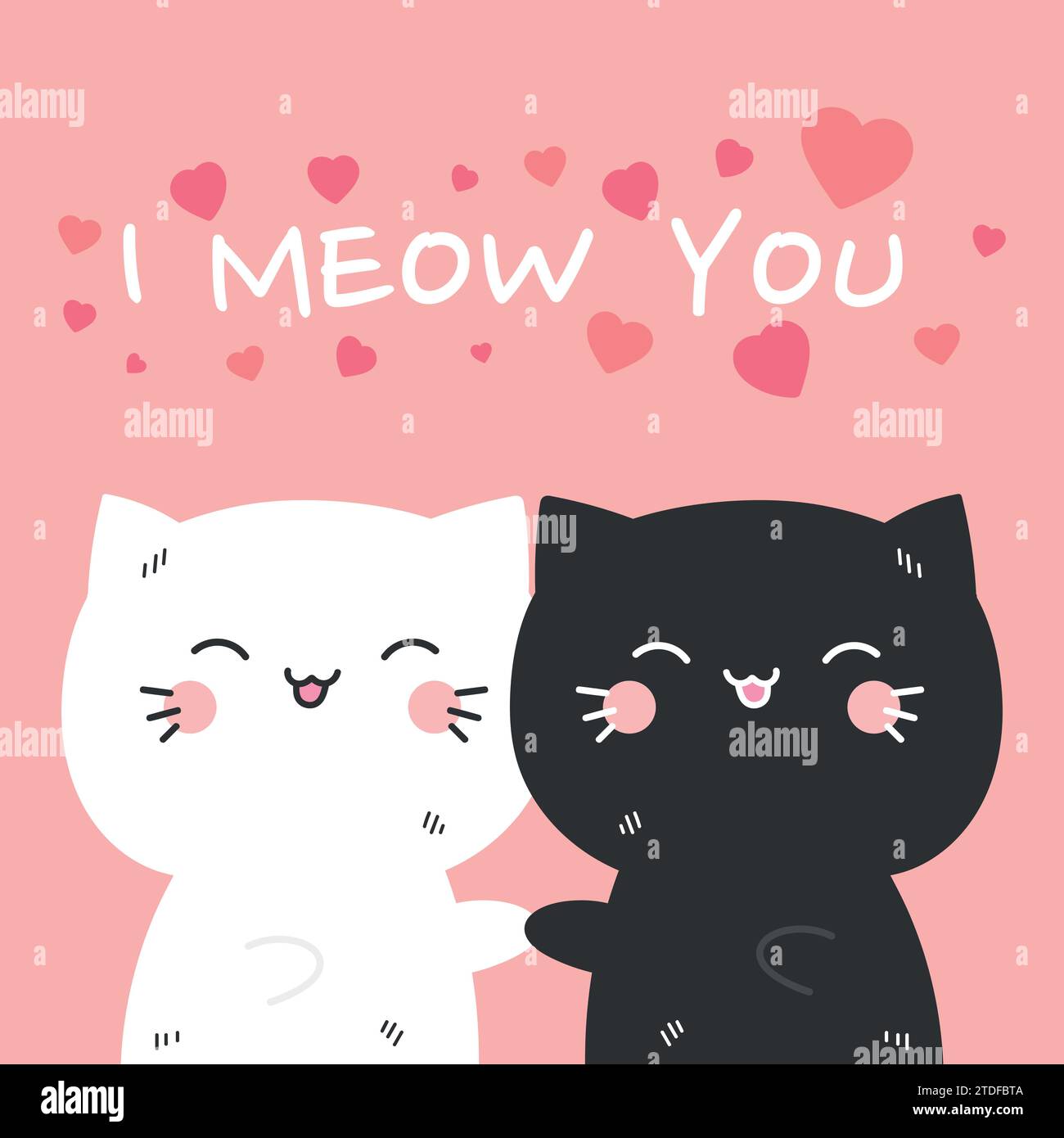 Simpatici gatti bianchi e neri disegnati a mano che si tengono a vicenda zampe con la frase che ti meow. San Valentino. Illustrazione vettoriale Illustrazione Vettoriale