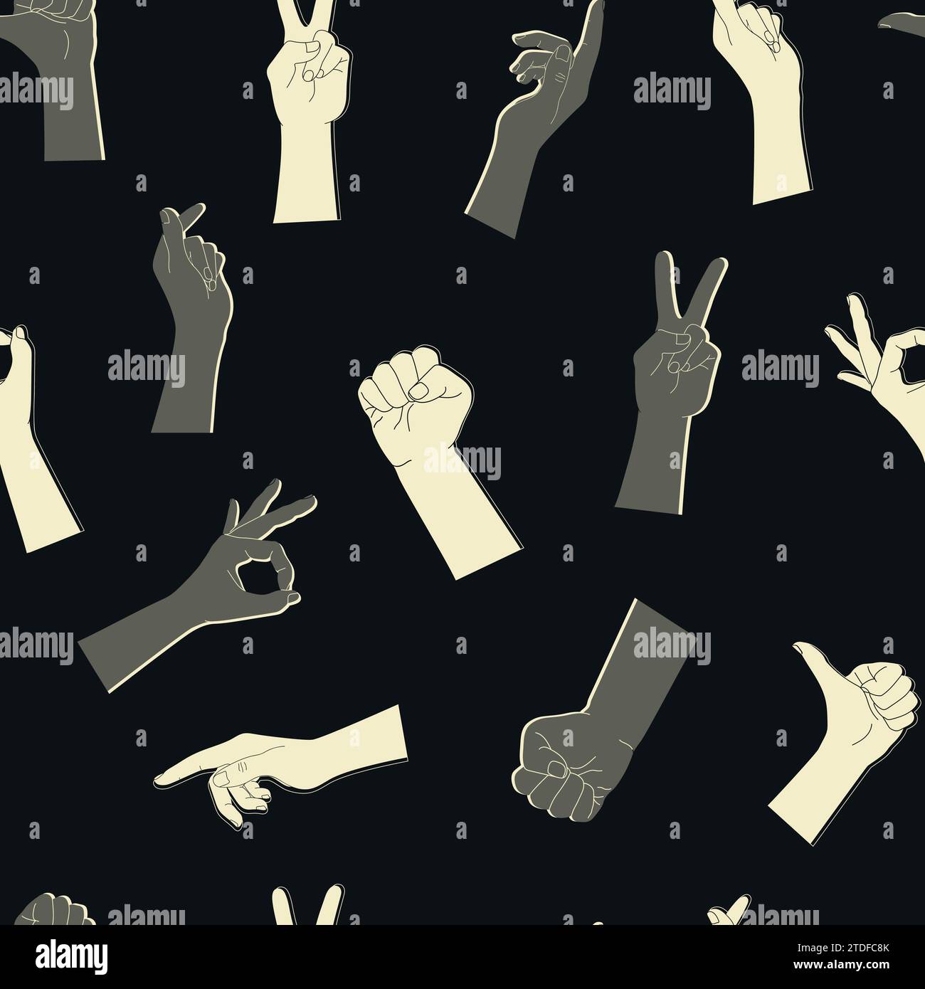 Modello senza cuciture di mani umane con gesti diversi. Silhouette chiare e scure su sfondo nero. Illustrazione vettoriale Illustrazione Vettoriale