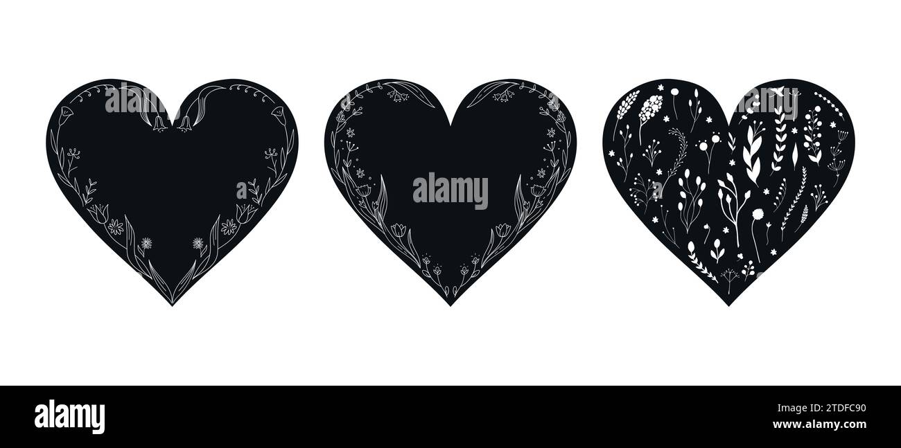 Set di modelli a cuore disegnati a mano decorati con elementi botanici in stile boho. Cuori con spazio vuoto e disposizione floreale. Illustrazione vettoriale Illustrazione Vettoriale