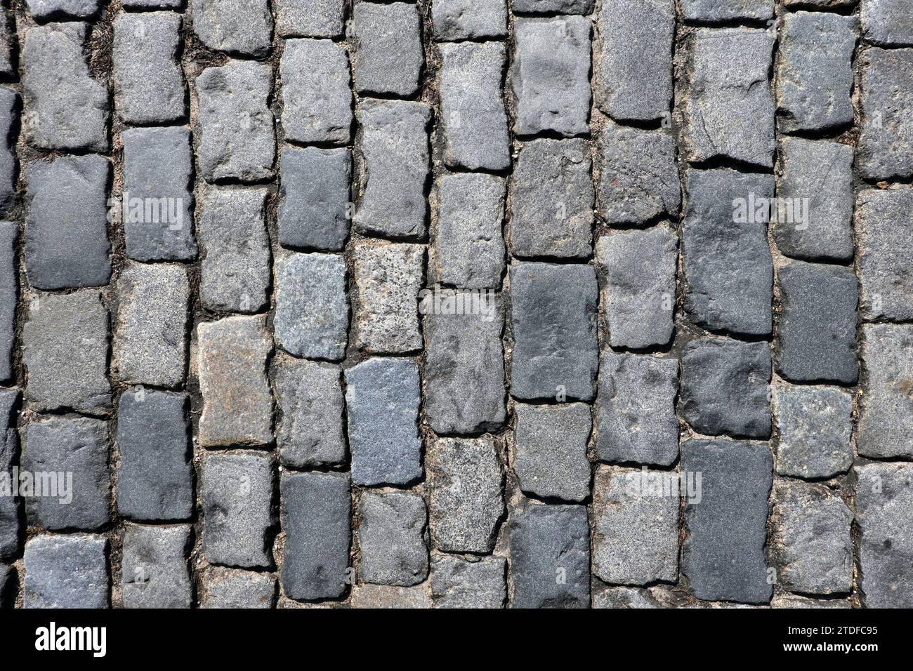 Pavimentazione in ciottoli grigio scuro con vecchie pietre lisce per una vista ravvicinata sullo sfondo Foto Stock