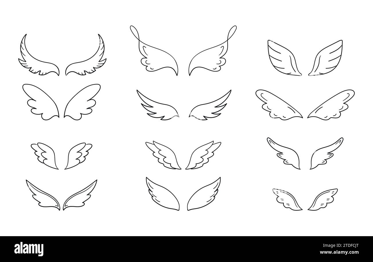 Collezione di ali disegnate a mano in forme diverse. Doodle Wings Collection. Illustrazione vettoriale Illustrazione Vettoriale