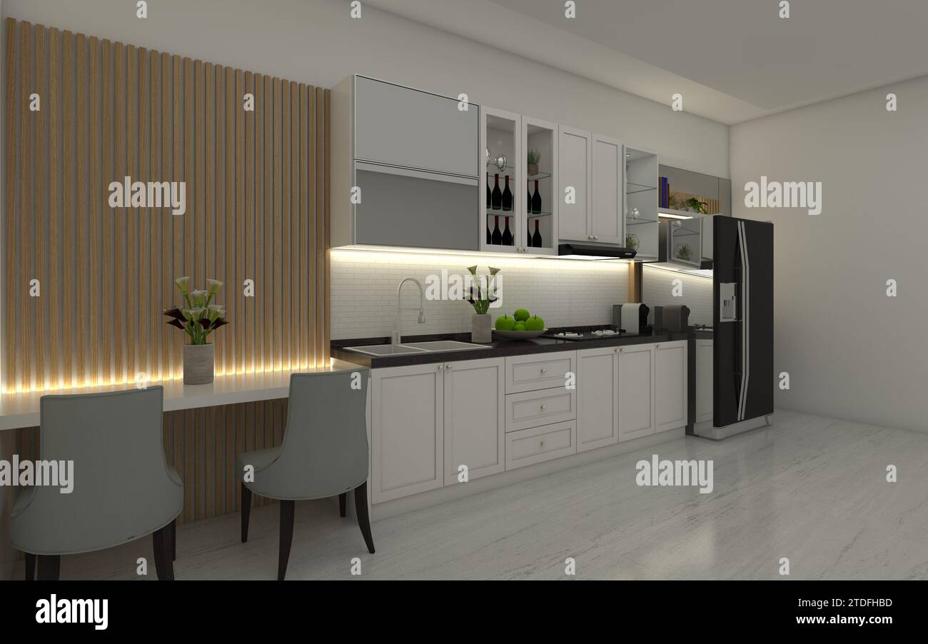Design moderno dell'armadio da cucina con tavolo da bar semplice e pannello a parete in legno Foto Stock