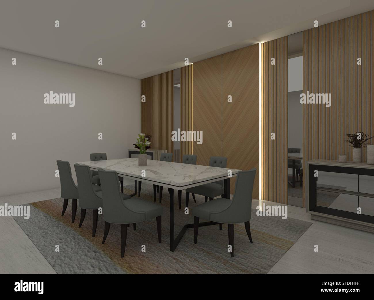 Lussuosa sala da pranzo con sfondo in legno e illuminazione interna. Foto Stock