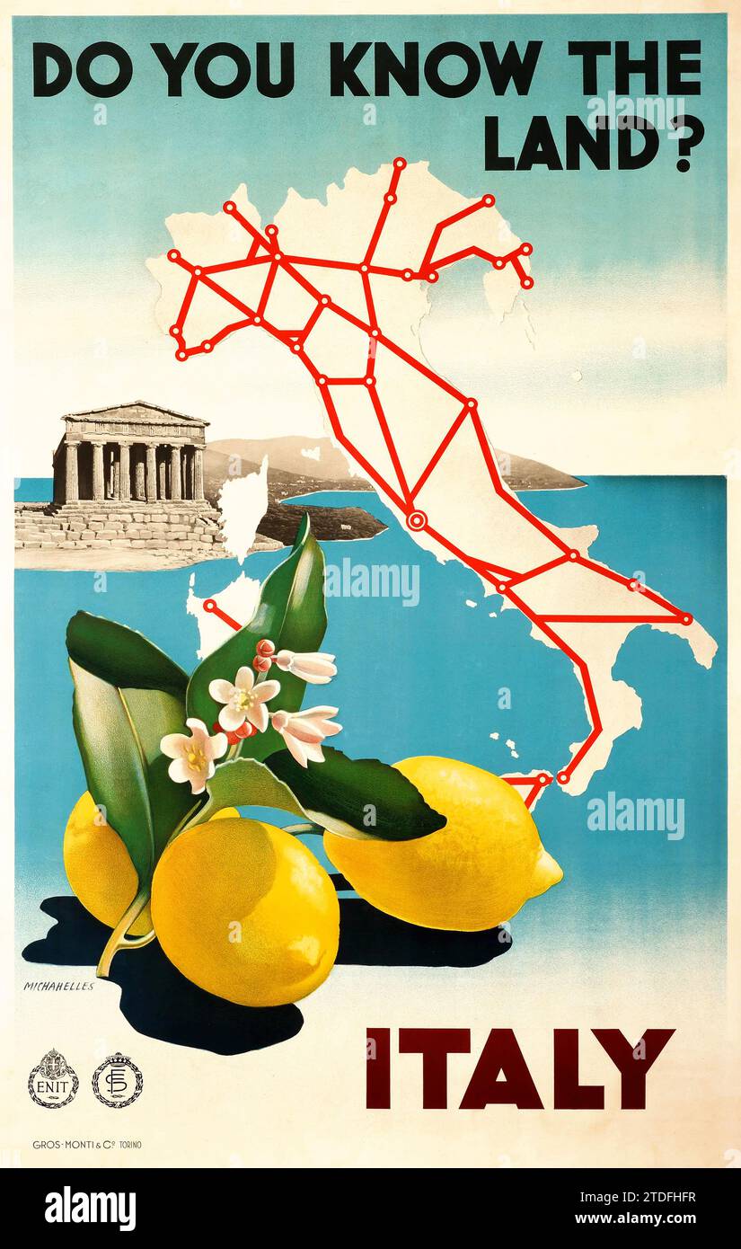 Conoscete la terra - poster di viaggio per l'Italia, fotomontaggio - poster ENIT italiano c 1935 feat limoni e una mappa? Foto Stock