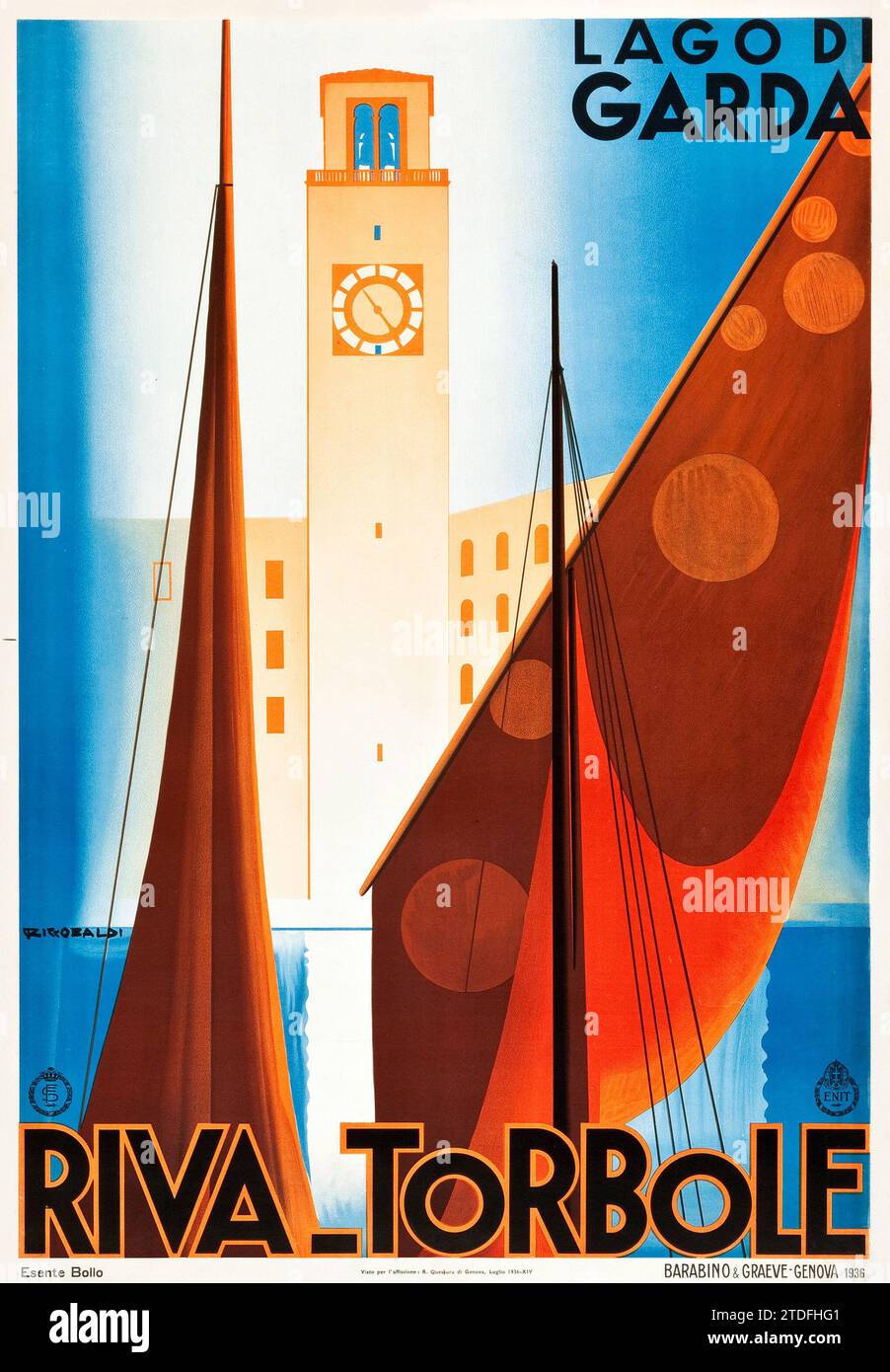 Poster di viaggio vintage Italia (ENIT, 1936). Poster italiano "Lago di Garda" Riva Torbole, artista Giuseppe Riccobaldi. Foto Stock