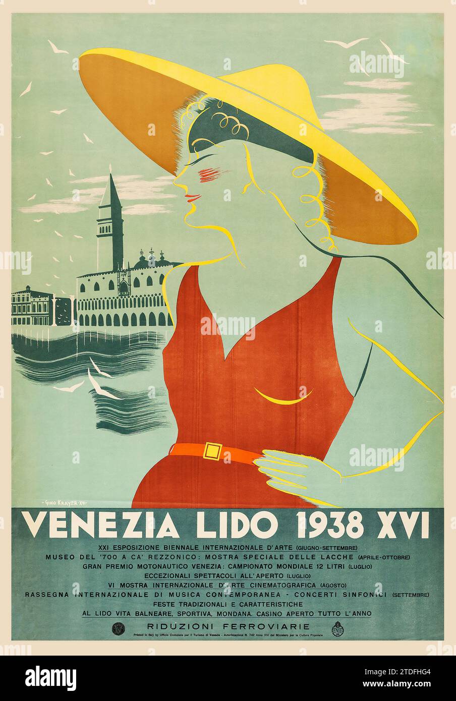 Vecchio poster di viaggio vintage Italia - Venezia Lido 1938 XVI Biennale (Venezia ENIT poster) Foto Stock