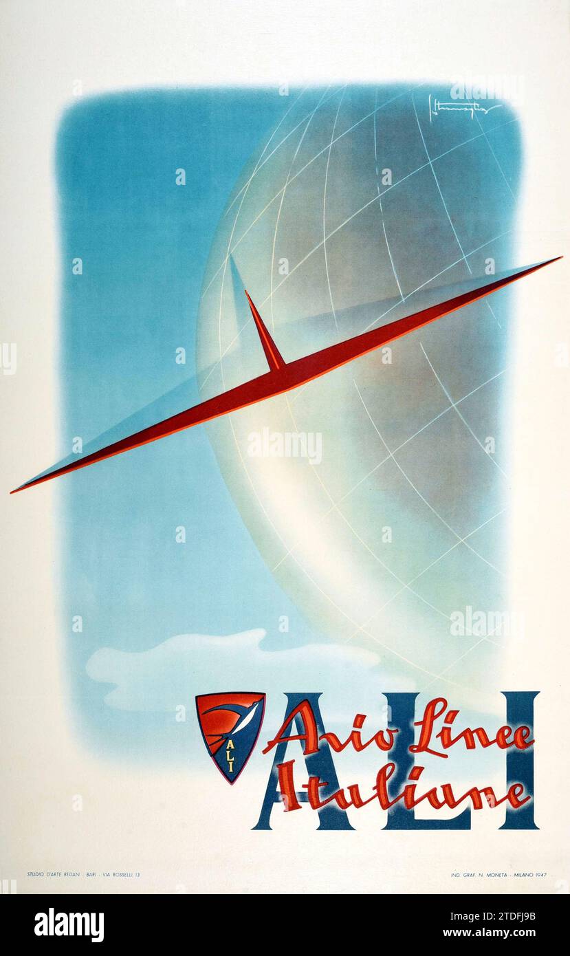 Poster di viaggio d'epoca ALI Avio linee italiane Airline Modernism Italia, 1947 Foto Stock