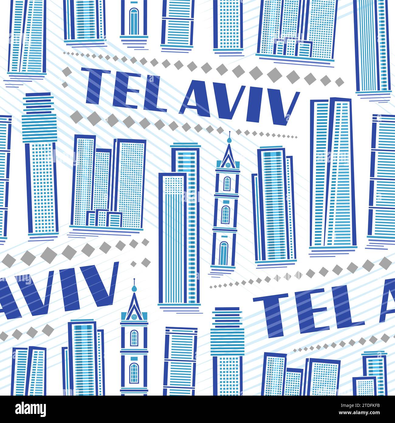 Modello senza cuciture Vector Tel Aviv, sfondo quadrato ripetuto con illustrazione del famoso paesaggio ebraico su sfondo bianco, modalità decorativa line art Illustrazione Vettoriale
