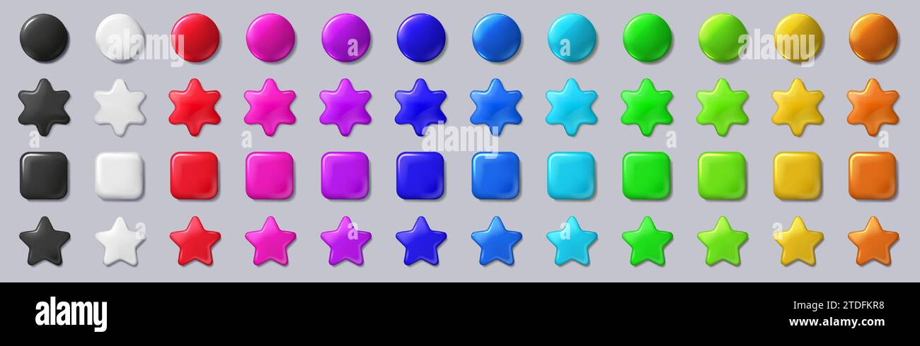 Badge pulsanti. Perni rotondi 3D. Magneti di colore lucido. Adesivi geometrici. Etichette vuote. Telaio in fibra di vetro o disco in plastica. Icone a stella luminose. Cir. Isolata Illustrazione Vettoriale