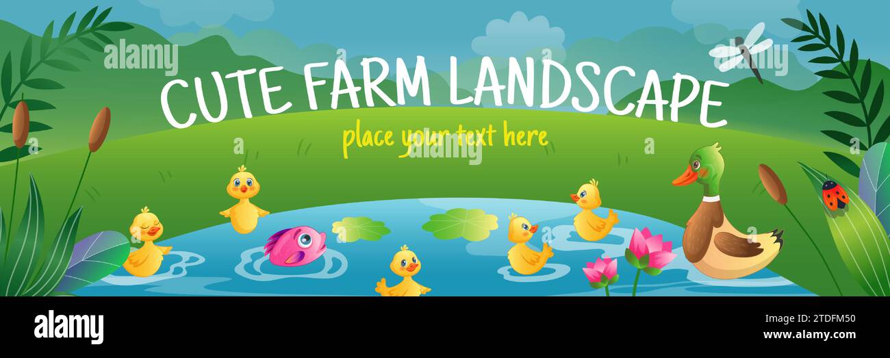 Paesaggio agricolo. Carini animali da allevamento. La famiglia delle anatre nuota nello stagno. Prato verde e foresta. Cartoni animati gialli. Pesce nel lago. Ninfee Illustrazione Vettoriale