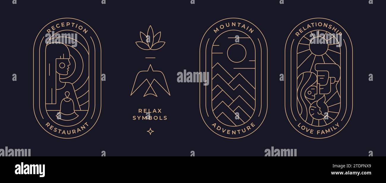 Set di modelli minimalisti per logo line art. Badge grafico semplice e moderno per il marchio. Servizio reception, collina di montagna, simbolo della famiglia. Simbolo della linea vintage Collection. Illustrazione vettoriale Illustrazione Vettoriale