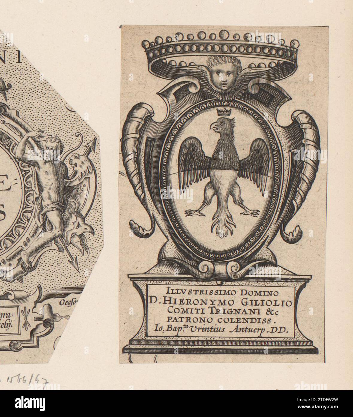 Cartouche con aquila coronata, 1608 Cartouche con cherubino e corona. Un'aquila coronata nel cartiglio. Di seguito viene riportato un testo di dedica a cinque righe. Il Cartouche è un frammento di una mappa del Ducato di Ferrara. La stampa fa parte di un album. Cartiglio per incisione in carta Anversa con cherubino e corona. Un'aquila coronata nel cartiglio. Di seguito viene riportato un testo di dedica a cinque righe. Il Cartouche è un frammento di una mappa del Ducato di Ferrara. La stampa fa parte di un album. Incisione in carta Anversa Foto Stock