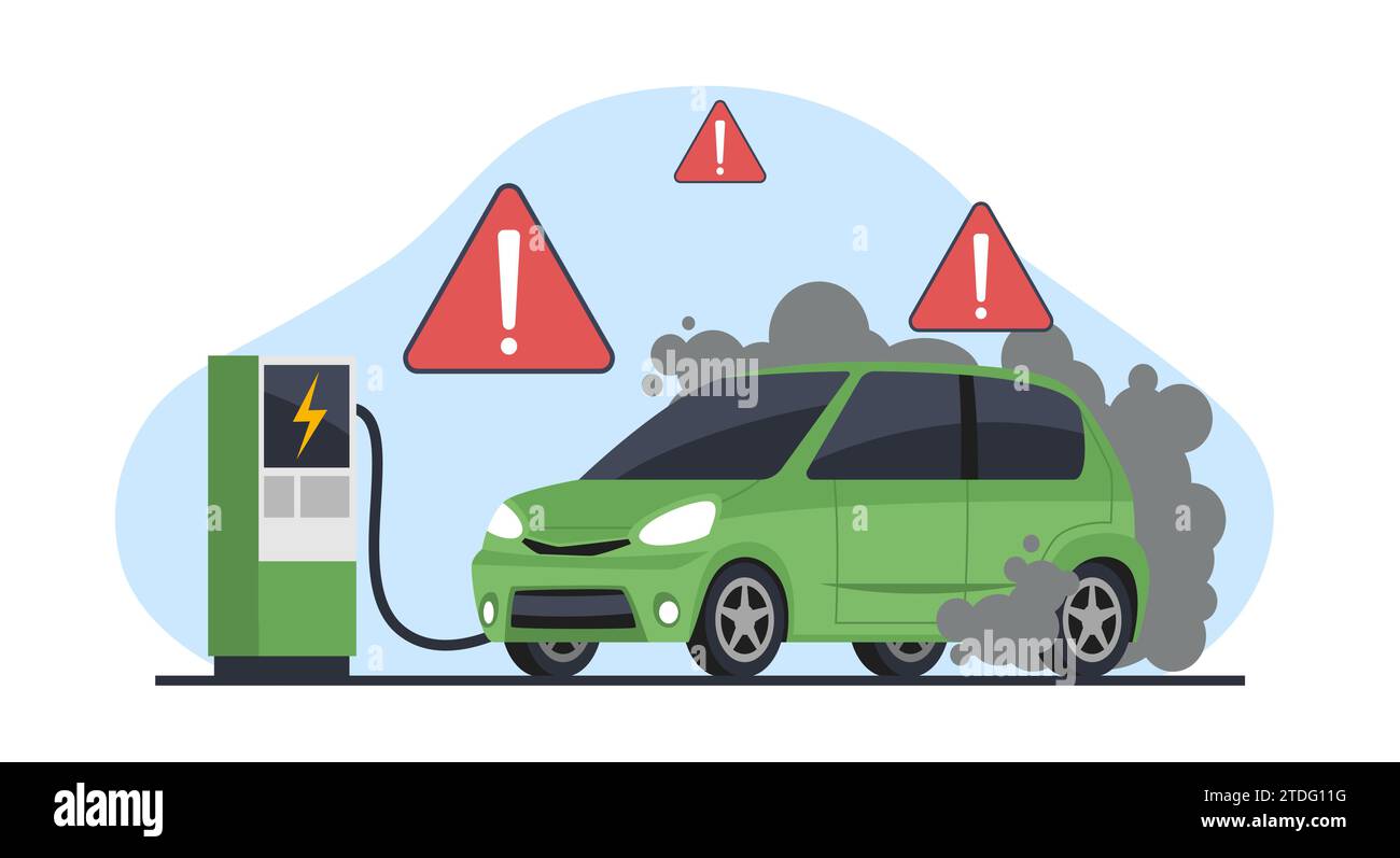 Guasto del veicolo elettrico e incendio durante la ricarica. Recupero del veicolo. Automobile con fumo proveniente da pneumatici ruote, e-car break, fumo dal motore. Moderno Illustrazione Vettoriale