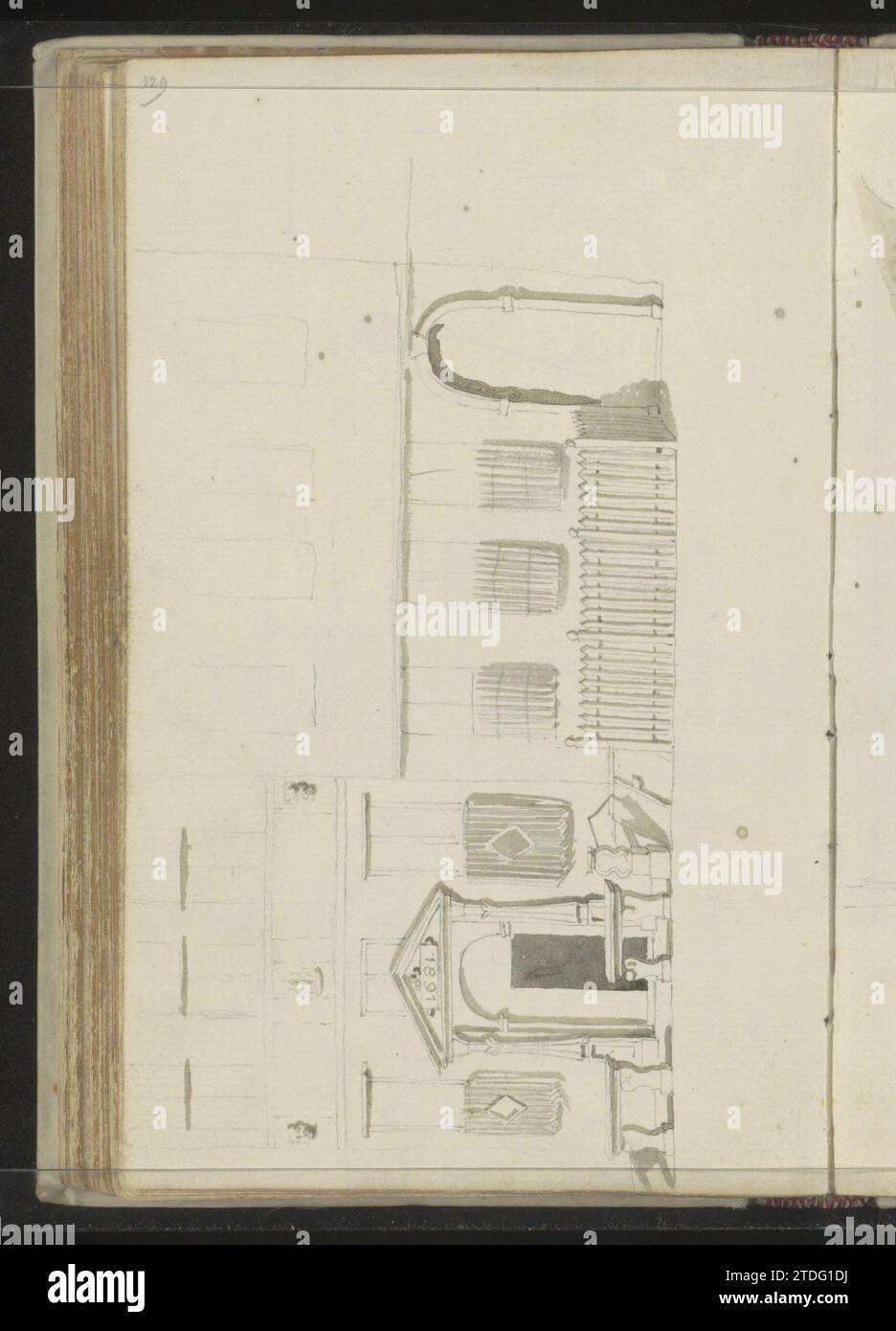 Facciata di un edificio con facciata sopra la porta, c. 1783 - c. 1797 pagina 129 da un libro di bozzetti con 175 pagine. carta. matita. Pennello acquerello pagina 129 da un libro di schizzi con 175 pagine. carta. matita. pennello acquerello (vernice) Foto Stock
