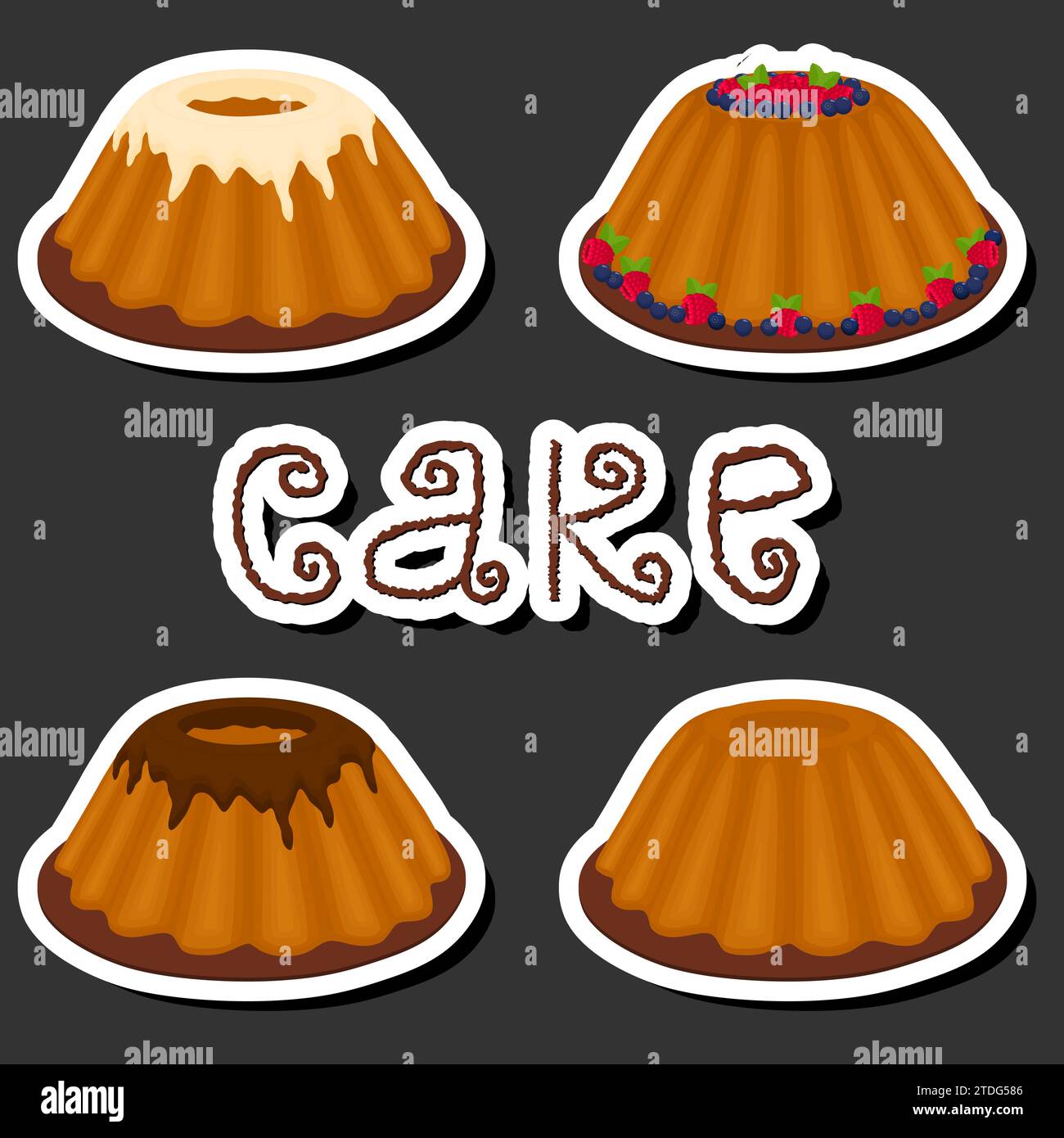 Illustrazione a tema, grande set di diversi tipi di torta dolce alle bacche dolci, torta morbida composta da panna montata e gustosi dolci ricoperti di fr Illustrazione Vettoriale