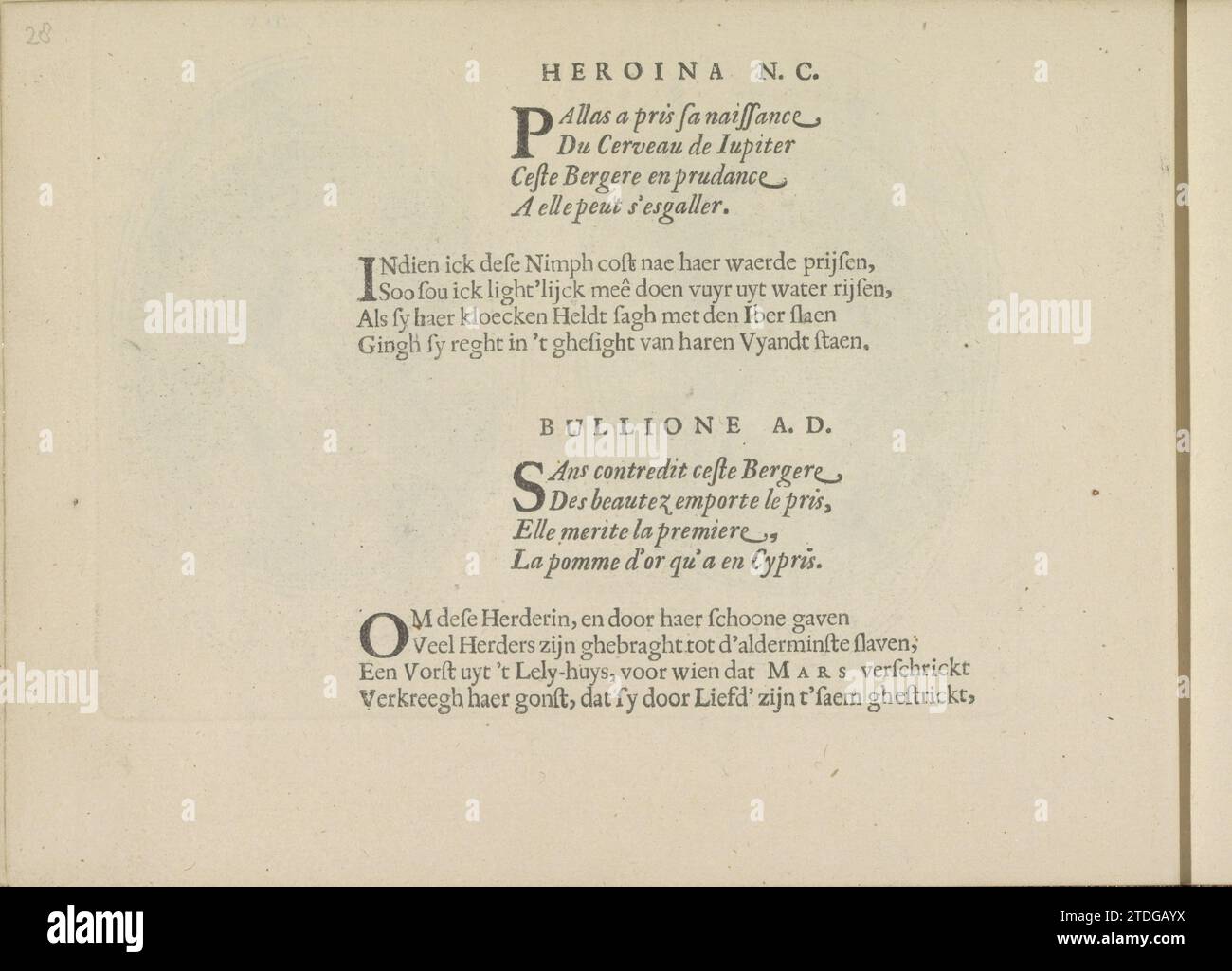 Kwatrijnen nelle esibizioni di Heroina N.C. e Bullione A.D., 1640 due volte due quartine in francese e olandese nelle esibizioni di Heroina N.C. e Bullione A.D. la rivista fa parte di un album. Amsterdam paper letterpress stampa due volte due quartine in francese e olandese nelle esibizioni di Heroina N.C. e Bullione A.D. la rivista fa parte di un album. Stampa di carta da lettera Amsterdam Foto Stock