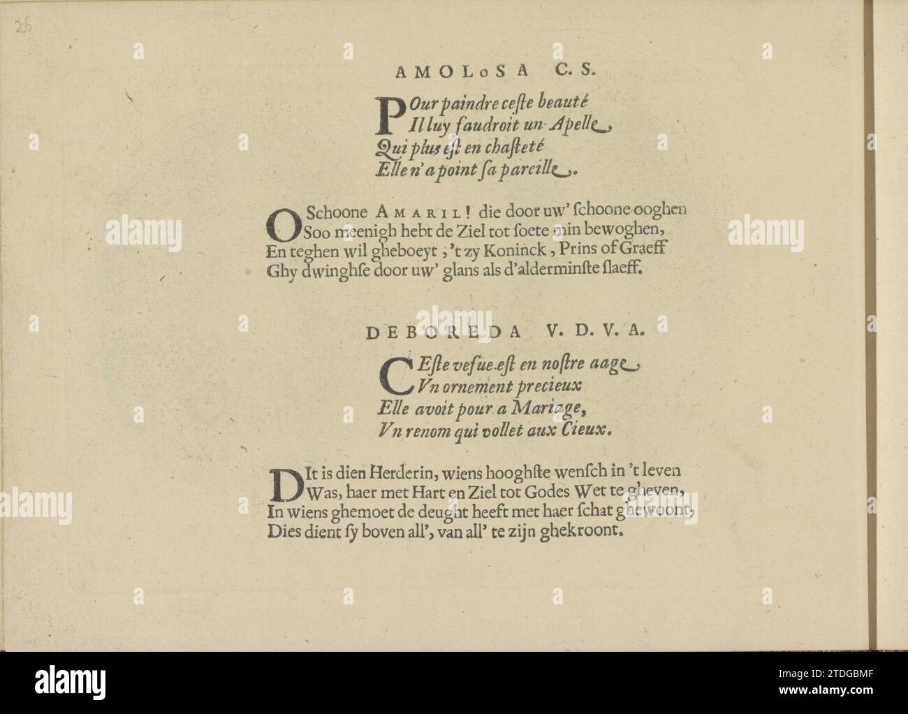 Kwatrijnen nelle esibizioni di Amolosa et al. E Deboreda v.d.V.A., 1640 due volte due quartine in francese e olandese nelle esibizioni di Amolosa et al. E Deboreda v.d.V.A. la rivista fa parte di un album. Amsterdam paper letterpress stampa due volte due quartine in francese e olandese nelle esibizioni di Amolosa et al. E Deboreda v.d.V.A. la rivista fa parte di un album. Stampa di carta da lettera Amsterdam Foto Stock