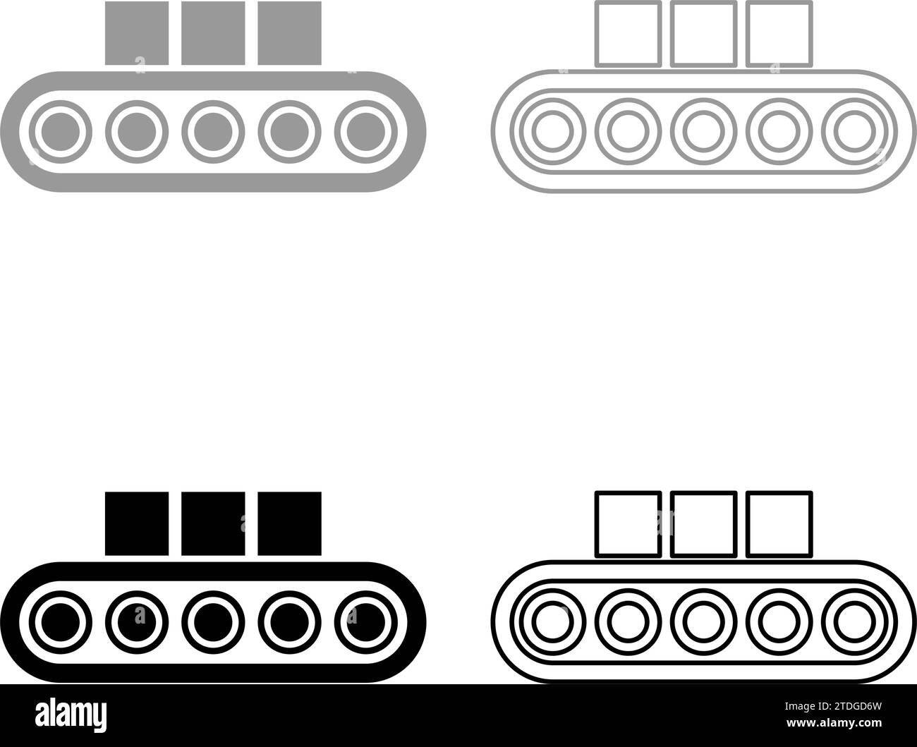 Nastro trasportatore nastro aeroportuale bagaglio bagaglio passeggeri scatola di produzione automatizzata Icon set di produzione grigio nero immagine vettoriale Illustrazione Vettoriale