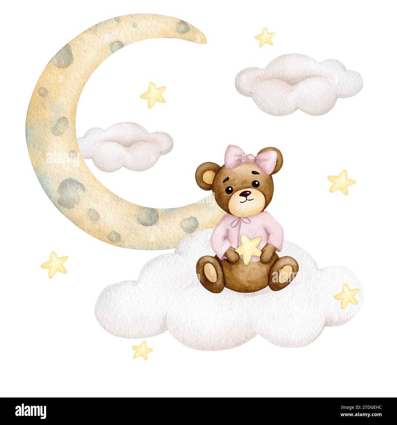 L'orso bambino siede su una nuvola sullo sfondo della luna e del cielo stellato. Ragazza. Acquerello. Compleanno, baby shower, festa per bambini. Design per invit Foto Stock