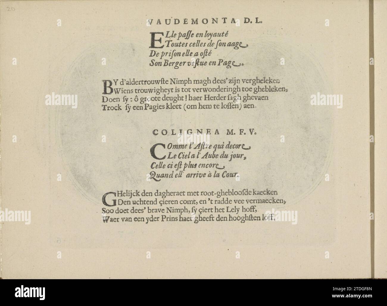 Kwatrijnen nelle esibizioni di Vaudemonta D.L. e Coligneea M.F.V., 1640 due volte due quartine in francese e olandese nelle esibizioni di Vaudemonta D.L. e Coligneea M.F.V. la rivista fa parte di un album. Amsterdam paper letterpress stampa due volte due quartine in francese e olandese nelle esibizioni di Vaudemonta D.L. e Coligneea M.F.V. la rivista fa parte di un album. Stampa di carta da lettera Amsterdam Foto Stock