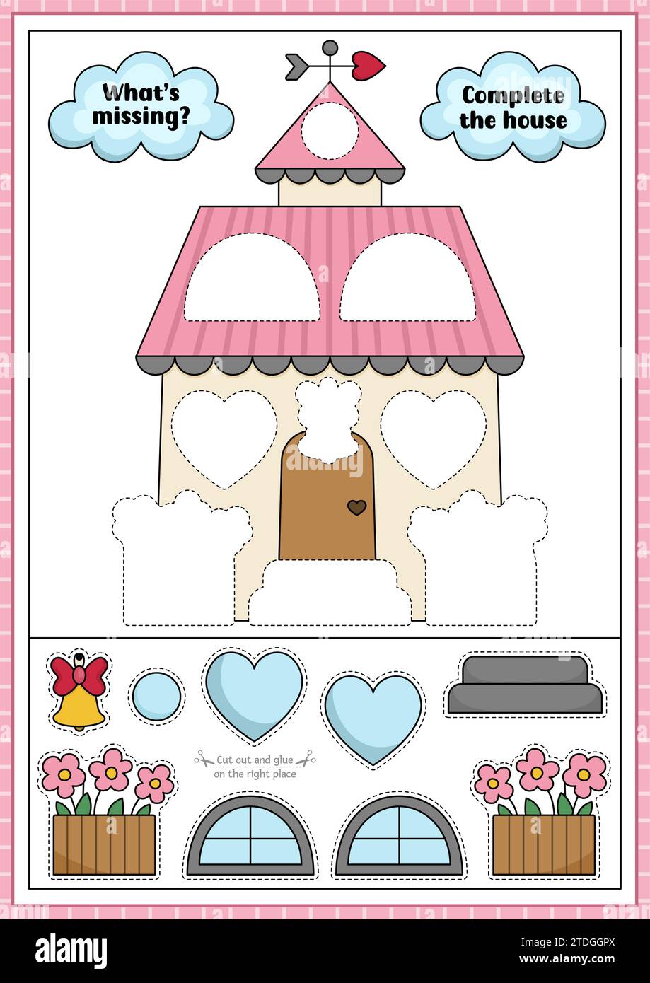 Attività di taglio e colla Vector Saint Valentine. Gioco di creazione con una graziosa casa kawaii con cuori. Foglio di lavoro stampabile per le vacanze. Trova la p. Giusta Illustrazione Vettoriale