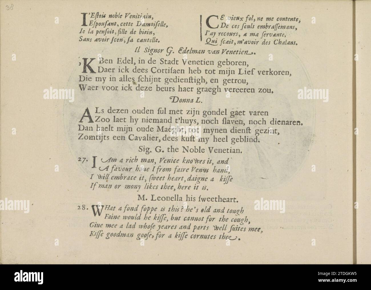 Kwatrijnen nelle rappresentazioni di un nobile veneziano e di sua moglie Leonella, 1641 tre volte due quartine in francese, olandese e inglese nelle rappresentazioni di un nobile veneziano e di sua moglie Leonella. La rivista fa parte di un album. Stampa tipografica di carta di Amsterdam tre volte due quartine in francese, olandese e inglese nelle esibizioni di un nobile di Venezia e di sua moglie Leonella. La rivista fa parte di un album. Stampa di carta da lettera Amsterdam Foto Stock