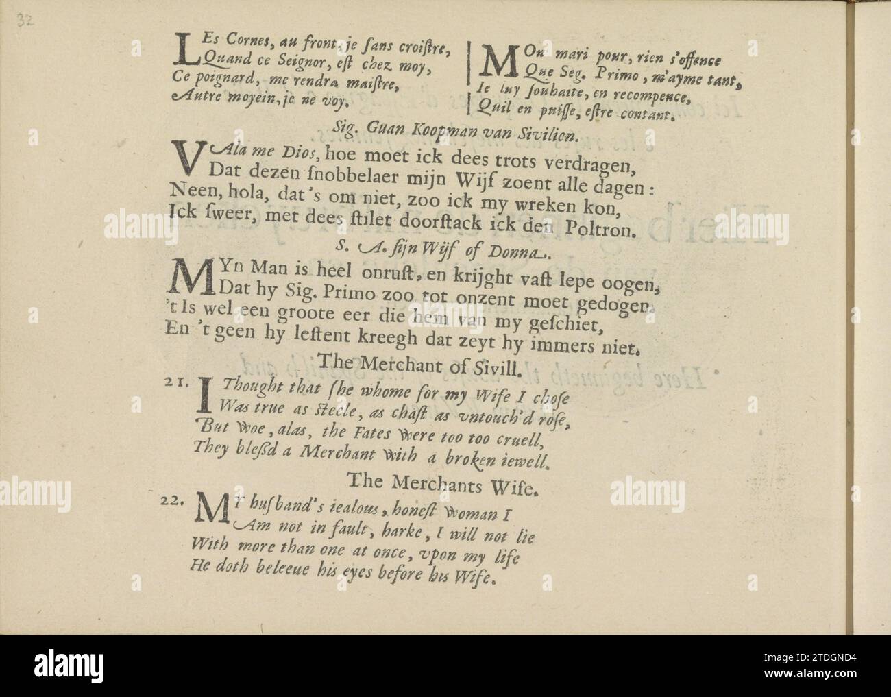 Kwatrijnen per le esibizioni di un mercante di Siviglia e di sua moglie, 1641 tre volte due quartine in francese, olandese e inglese per le esibizioni di un mercante di Siviglia e di sua moglie. La rivista fa parte di un album. Stampa tipografica di carta di Amsterdam tre volte due quartine in francese, olandese e inglese per le esibizioni di un mercante di Siviglia e di sua moglie. La rivista fa parte di un album. Stampa di carta da lettera Amsterdam Foto Stock