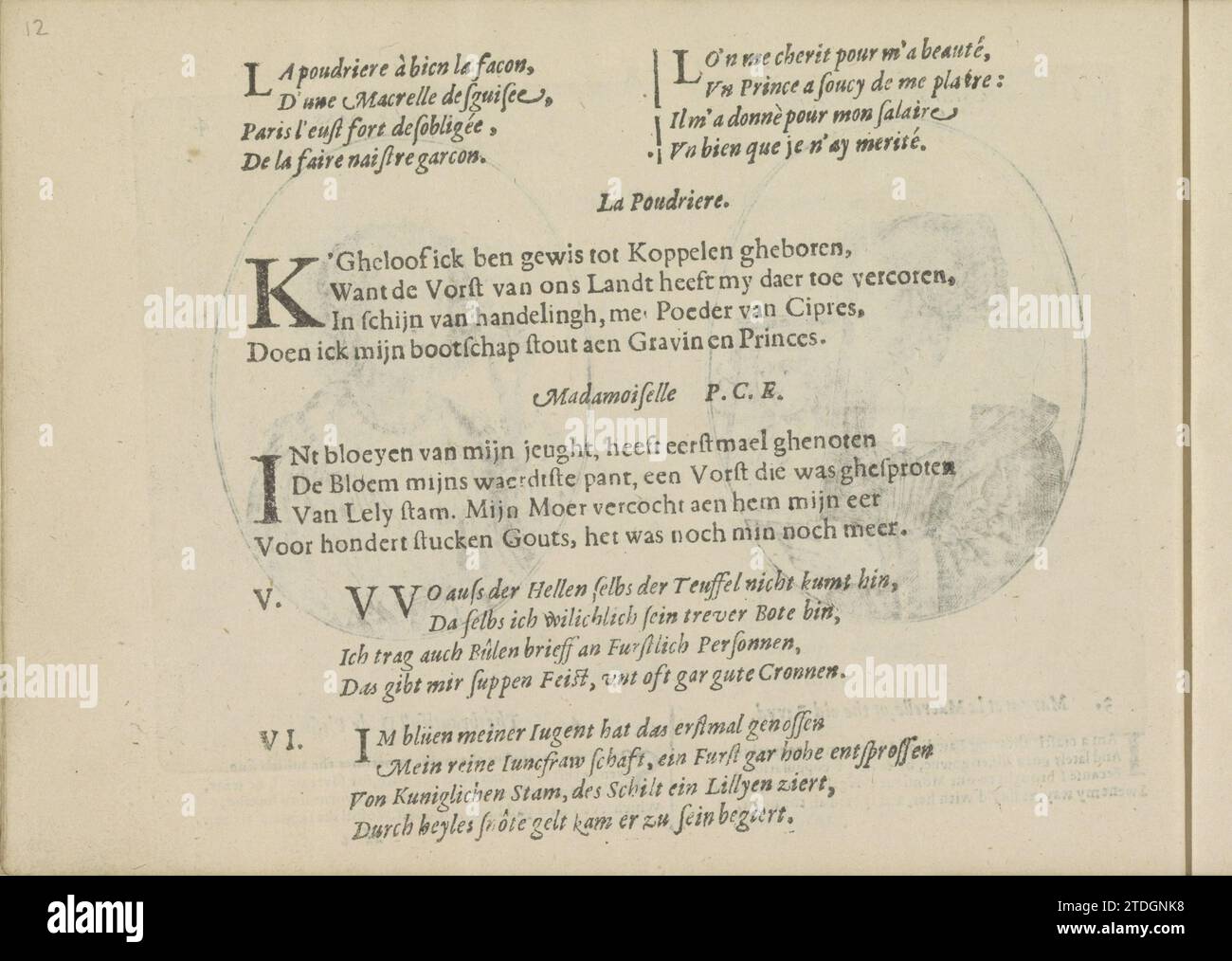 Kwatrijnen ai ritratti dell'accoppiatore chiamato la Poudriere Macrelle e la Courtisane Madamoiselle F.C.E. De Court, 1635 tre volte due quartine in francese, olandese e tedesco ai ritratti dell'accoppiatore la Poudriere (MacRelle) e la Courtisane Madamoiselle F.C.E. De Court (su questo testo rivista P.C.e). La rivista fa parte di un album. La carta di Utrecht tipografia stampa tre volte due quartine in francese, olandese e tedesco ai ritratti dell'accoppiatore la Poudriere (MacRelle) e della Courtisane Madamoiselle F.C.E. De Court (su questa rivista di testo P.C.e). La rivista fa parte di una A. Foto Stock