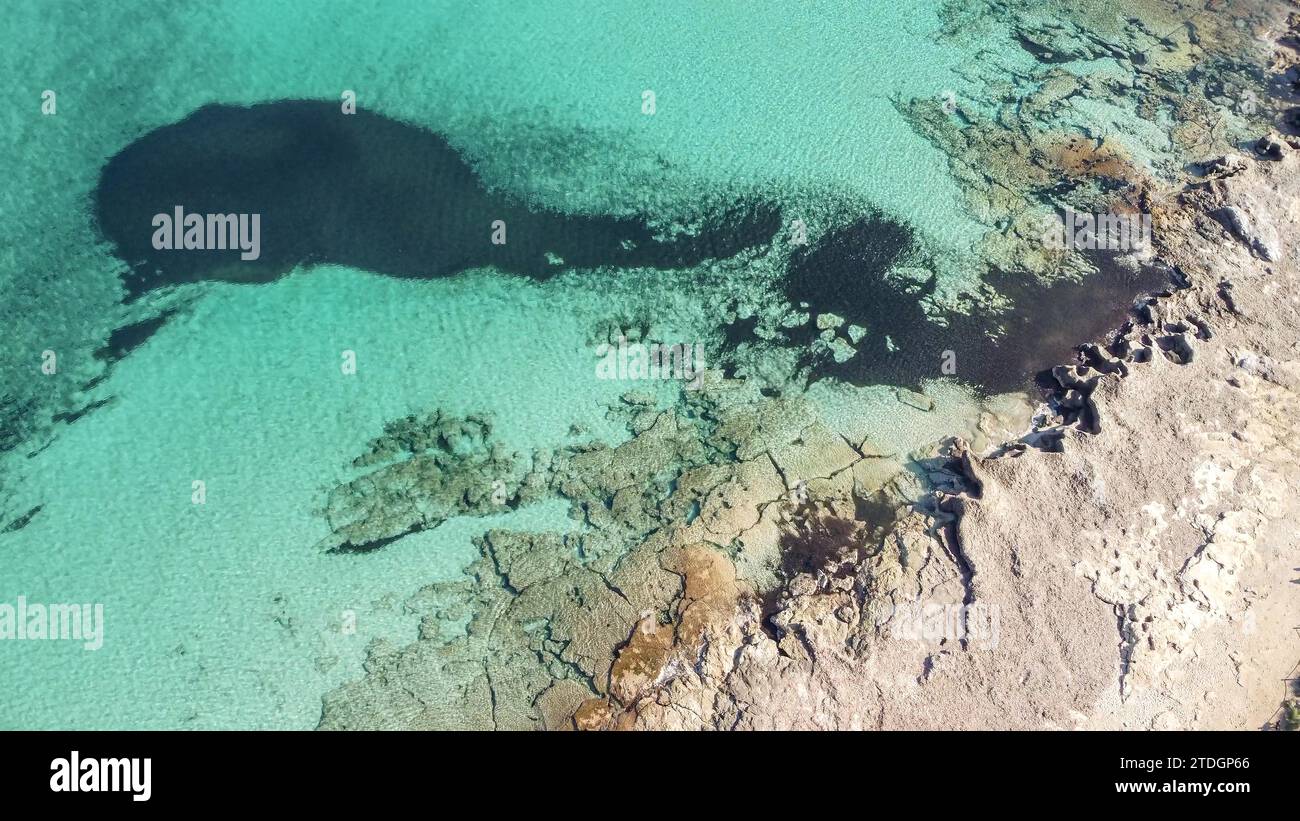 Foto aerea di una vibrante barriera corallina sommersa dalle acque cristalline turchesi Foto Stock