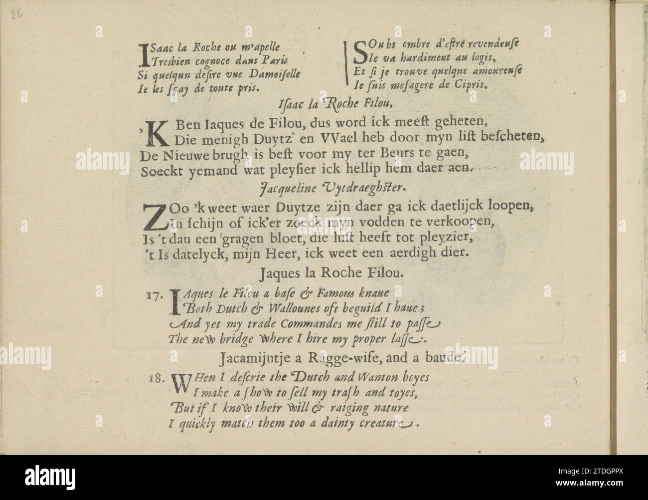 Quartine in spettacoli di un più economico e di una prospettiva, 1641 tre volte due quartine in francese, olandese e inglese per esibizioni di un truffatore e di un prospetto. La rivista fa parte di un album. Stampa tipografica su carta Amsterdam tre volte due quartine in francese, olandese e inglese per le esibizioni di un truffatore e di un potenziale cliente. La rivista fa parte di un album. Stampa di carta da lettera Amsterdam Foto Stock