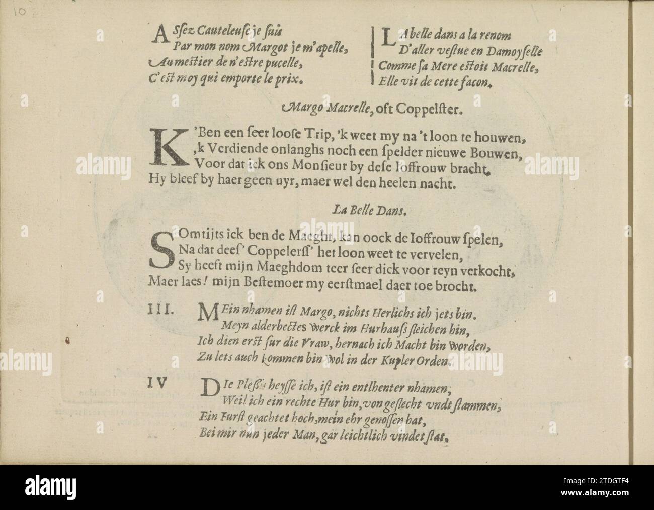 Kwatrijnen ai ritratti dell'accoppiatore Margo Macrelle e della Courtisane chiamati la Belle Dans, 1635 tre volte due quartine in francese, olandese e tedesco ai ritratti dell'accoppiatore Margo Macrelle e della Courtisane chiamata la Belle Dans. La rivista fa parte di un album. La stampa tipografica di carta Utrecht stampa tre volte due quartine in francese, olandese e tedesco ai ritratti dell'accoppiatore Margo Macrelle e la Courtisane chiamati la Belle Dans. La rivista fa parte di un album. Stampa su carta da lettera Utrecht Foto Stock